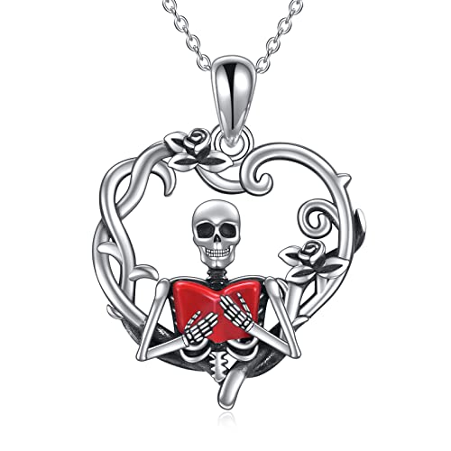 YFN 925 Sterling Silver Book Lover Necklace Reader Skull Skeleton Pendant Reders Gift Jewelry
