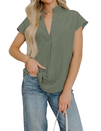 Summer Tops for Women Cap Sleeve V Neck T Shirts Loose Fit Basic Tees Dressy Casual Blouses Trendy Tops(Green,L)