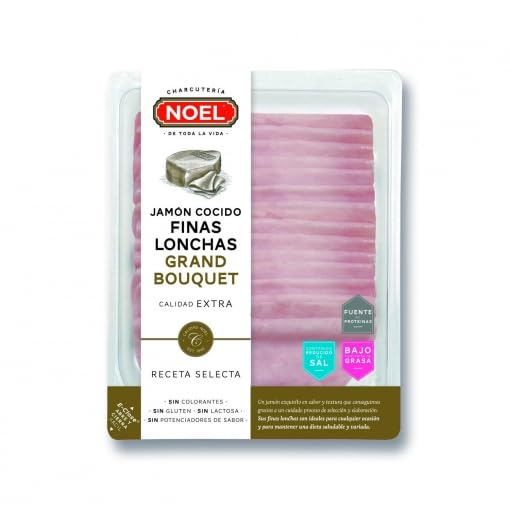 Jamón Cocido en Lonchas Noel Grand Bouquet - Bajo en Grasa y Sal, 4 Pack de 180g (Producto Refrigerado)