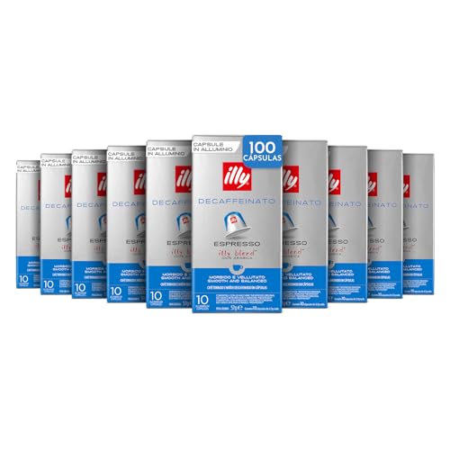 illy, Café en Cápsulas Compatibles en Aluminio DESCAFEINADO, 100% Arábica con Notas de Caramelo, Chocolate y Pan Tostado, Sin Cafeína, Sabor Equilibrado, 10 Paquetes de 10 (100 Cápsulas en Total)