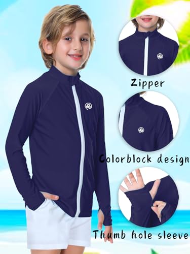 Image of AOBUTE Unisex Kids Zipper Rash Guard Boys UPF 50+ UV Protection Sun Shirt with Thumb Hole 3-12 Years