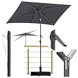 Menz Sonnenschirm anthrazit, 3er-Set, für Balkon, rechteckig 210 x 140 cm, mit Kurbel, knickbar & höhenverstellbar, für Garten & Terrasse, inkl. Sonnenschirmhalter (Ständer) & Sonnenschirmhülle