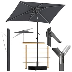 Menz Sonnenschirm anthrazit, 3er-Set, für Balkon, rechteckig 210 x 140 cm, mit Kurbel, knickbar & höhenverstellbar, für Garten & Terrasse, inkl. Sonnenschirmhalter (Ständer) & Sonnenschirmhülle