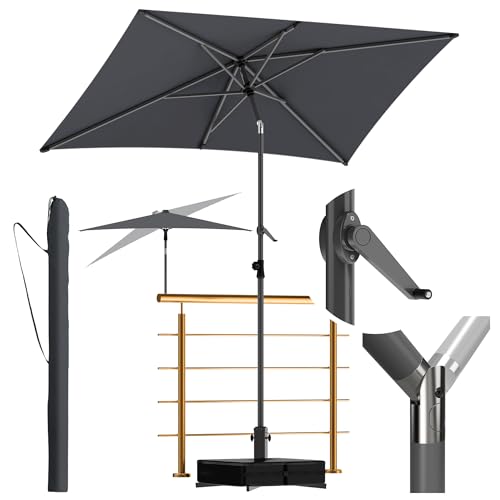 Menz Sonnenschirm anthrazit, 3er-Set, für Balkon, rechteckig 210 x 140 cm, mit Kurbel, knickbar & höhenverstellbar, für Garten & Terrasse, inkl. Sonnenschirmhalter (Ständer) & Sonnenschirmhülle