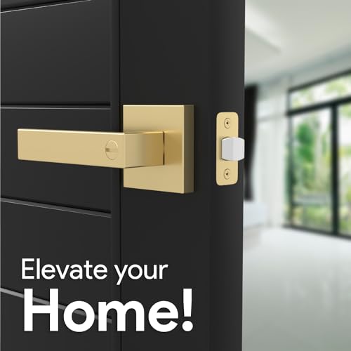 Mega Handles Privacy Door Knob with Lock - Door Handle for Bedrooms & Bathroom, Interior Door Lever - Modern Door Locks for Bedrooms, Door Lever with Handle Lock in Satin Brass, 5-Inch Lever - 1 Pack