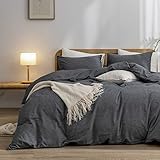 BESTOUCH Duvet Cover Set 100% Washed Cotton Linen Feel Super Soft Comfortable Chic Lightweight 3 PCs Home Bedding Set Solid Dark Black King