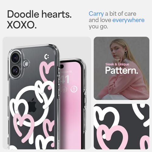 Image of Spigen Ultra Hybrid MagFit Back Cover Case for iPhone 16, MagSafe Compatible, Air Cushion Technology - PC+TPU | Hearts White Pink