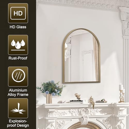 Image of Bathroom Arched Wall Mirror Brushed Metal Vanity Wall Mounted Mirror for LivingRoom Bedroom Entryway Room Vanity Home Decor 16 inchx12 inch