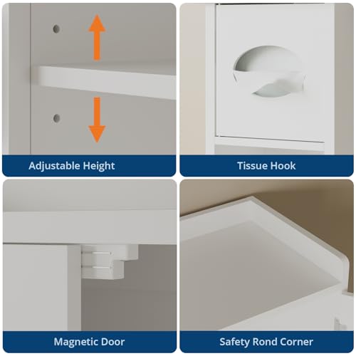 Over The Toilet Storage Cabinet with Toilet Paper Holder Double Door Bathroom Organizer with Adjustable Shelves Freestanding Bathroom Shelf Toilet Storage Cabinet Space-Saving Toilet Rack, White