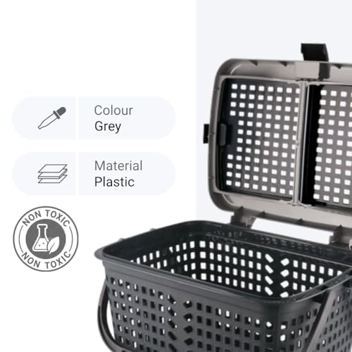 Image of FLAIR Dual Compartment Storage Basket Set of 3 - Sturdy Plastic Organizer with Handles & Lid | Plastic Multipurpose Trendy Shopping Big Basket | Ideal for Kitchen, Bathroom, Laundry & Toys (Grey)
