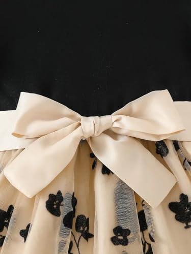 Image of Girls Black & Beige Floral Party Dress with Bow | Flutter Sleeve Top & Tulle Skirt | Elegant Birthday & Wedding Frock for Kids(GW-227)