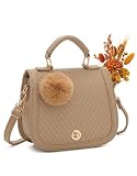 Bolsa Transversal Feminina Pequena Com Pingente Pompom Bolsa De Ombro Tiracolo Couro Sintetico PU Alca Regulavel Removivel Ferragens Douradas Design Chevron Elegante Para Festa Casamento (Bege)