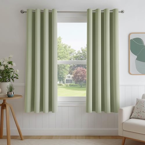 Image of FMFUNCTEX 100% Blackout Curtains for Bedroom, Green Curtains 63 Inches Long Textured Thermal Insulated Curtains for Living Room Drapes, Black Out Drapery Grommet Room Darkening 2 Panels, 40 inch W x 63 inch L