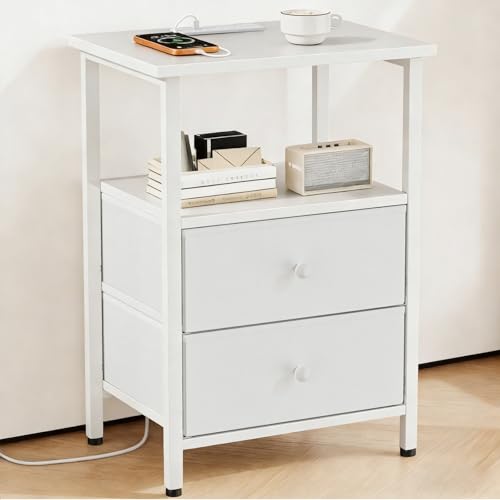 Image of Nightstand with Charging Station, Bedside End Table with 2 Fabric Drawers for Bedroom, Side Table with USB Ports and Outlets (White)