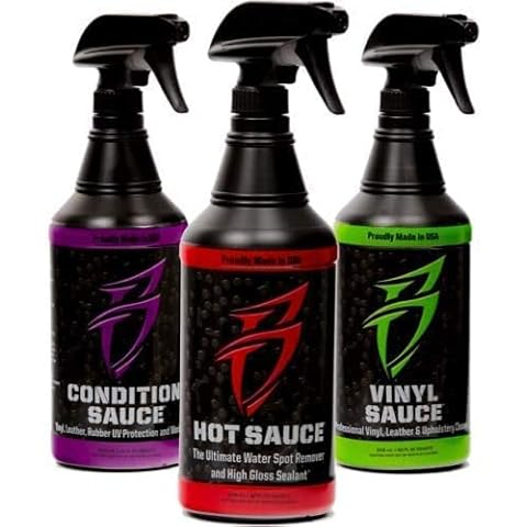 Bling Sauce Threesome Bundle, Hot Sauce Premium Hard Water Spot Remover, Condition Sauce Premium Interior Moisturizer, Vinyl Sauce Premium Vinyl and Leather Cleaner - Three 32 oz. Bottles Cover