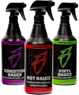 Bling Sauce Threesome Bundle, Hot Sauce Premium Hard Water Spot Remover, Condition Sauce Premium Interior Moisturizer, Vinyl Sauce Premium Vinyl and Leather Cleaner - Three 32 oz. Bottles