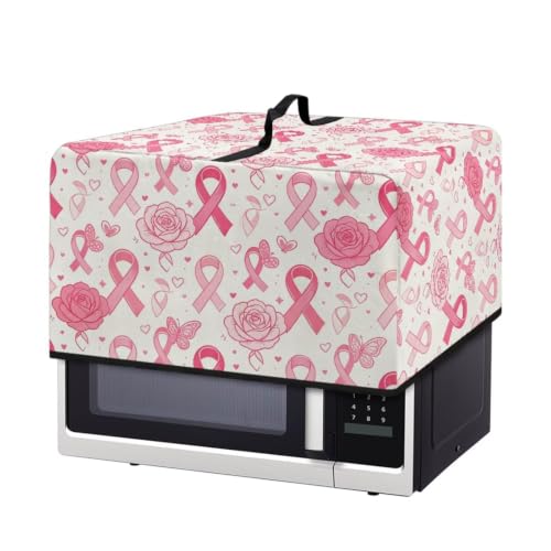 Image of Dustproof Microwave Oven Cover Breast Cancer Awareness Toaster Oven Cover Protector for Kitchen Countertop, L, Pink Ribbon Rose Butterfly Cream White