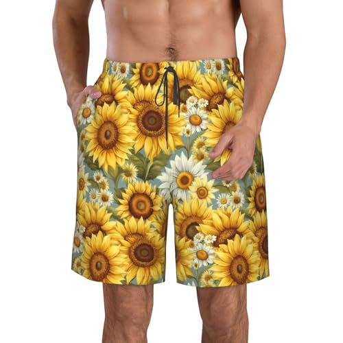 Sunflowers Chamomile Print Stylish Beach Shorts Swim Trunks Lightweight Breathable Summer Outdoor Activities