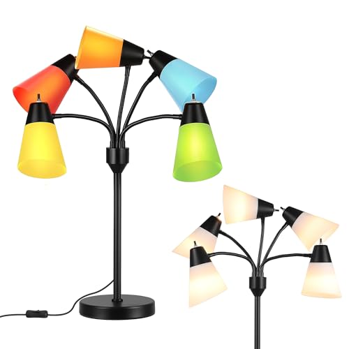 Hamucd Tree Table lamp, Multi Head Medusa 5 Light Adjustable Gooseneck Corner Lamp, Rustic Kids Bedside Reading Lamp with Fun Light Multicolored Shades for Bedroom, Living Room, Office, STR-DL-0027