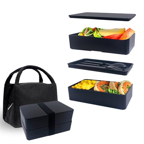 CHUNGG Lunch Bento Box for Adults & Kids, Compartments Thermal Bag Set Lunchboxes Stackable, Suitable for School Office Microwave Ovens and Dishwashers, Reusable 1200ML (Black)