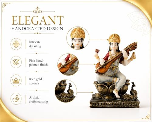 Image of ARMONIA Saraswati Devi Idol with Veena 7.8 Inch Home Decor |Polystone Figurine Marble Looks|Maa Saraswati Murti for Pooja,Mandir,Showpiece & Gifting Item|Best Religious Gift for Wedding & Housewarming