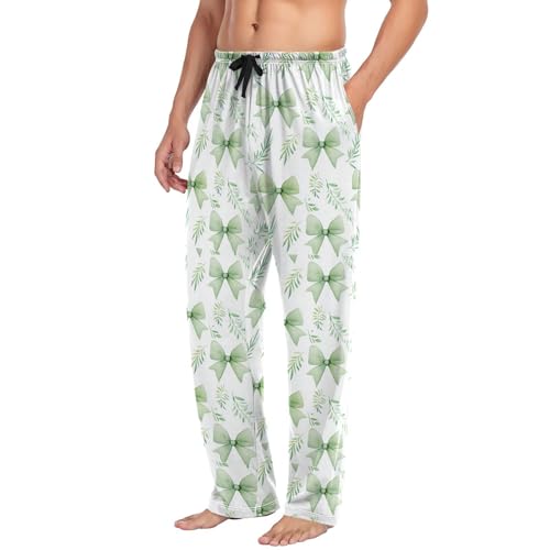Men’s Green Bows Pajama Pants with Pockets, Comfortable Lounge Sleep Bottoms#6114