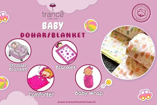 Image of Trance Home Linen Pure Malmal Cotton Multipurpose Baby Dohar | 3-Layered Baby Swaddle | Soft -Lightweight Baby Blanket | Crib Blanket (Age : 0-2 Year - 140cm x 100 cm-Alphabets with Dolls)