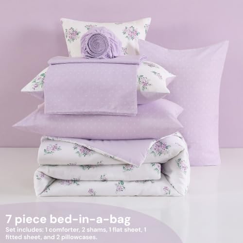 Image of Full Size Comforter Sets for Girls - 7 Pieces Purple Lavener Bed in a Bag | Floral Full Bedding Set, Soft Lightweight Cute Comforter with Printed Sheets, Pillowcases & Shams for All Seasons