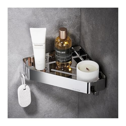 SDA287MZ Estanteria Ducha Estante de baño de Esquina, Organizador de Ducha de Esquina montado en la Pared, sin Taladro, de Acero Inoxidable 304, con 2 Ganchos, 3 Colores Estantería Baño(Silver)
