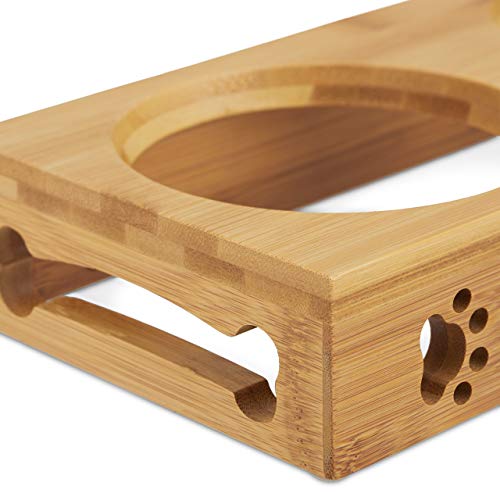 Relaxdays 3er Napfständer Bambus, Keramikschalen Wasser & Futter, spülmaschinenfest, Napfbar Katzen, kleine Hunde, natur, L