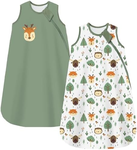 Chilsuessy Baby Schlafsack 1.5 Tog 2er Pack Ganzjahresschlafsack 100% Baumwolle Winter Babyschlafsack für Neugeborene, 1.5 Tog/Grün Wald Set, 78cm/6-12 Monate