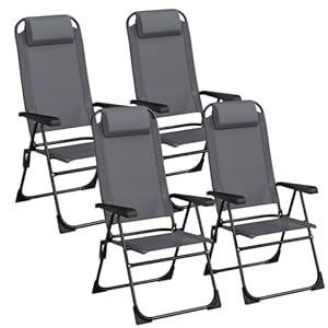 LIFERUN 4er Set Gartenstühle, Klappstühle, Campingstühle mit Kopfstütze, mit 5 verstellbaren Rückenlehnen, Balkonstühle Hochlehne, Outdoor-Stühle für Garten, Terrasse, Camping, Grau, 4 PCS