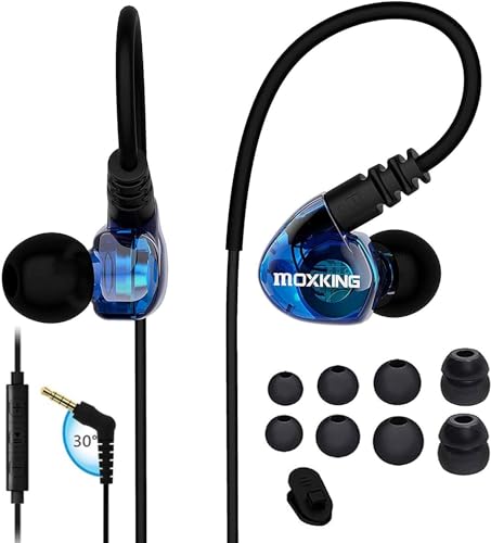 MOXKING Sport In-Ear-KopfhörerKabelgebundene In-Ear-Kopfhöre Geräuschisolierende wasserdichteOhrstöpsel Verstärkter Bass StereoKopfhörer für Laufen und Fitness miMikrofon und Fernbedienung(Blau)