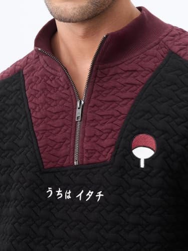 Image of The Souled Store Naruto Shippuden: Shadows of The Uchiha Men and Boys Long Sleeve Mock Neck Black and Maroon Quilted Colour-Block Cotton Blend Oversized Sweatshirt
