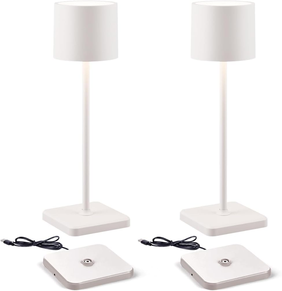 2 Pack Cordless Table Lamp Rechargeable, Wireless Charging LED Table Lamp, IP54 Waterproof Aluminum Bedside Light, Touch Control, Suitable for Indoor and Outdoor Use, White 2 pack White