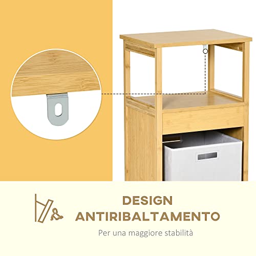 kleankin Mobiletto Bagno con Cesto Multifunzione per Bucato e Giocattoli, in MDF e Bambù, 40x30x86.5cm, Color Naturale