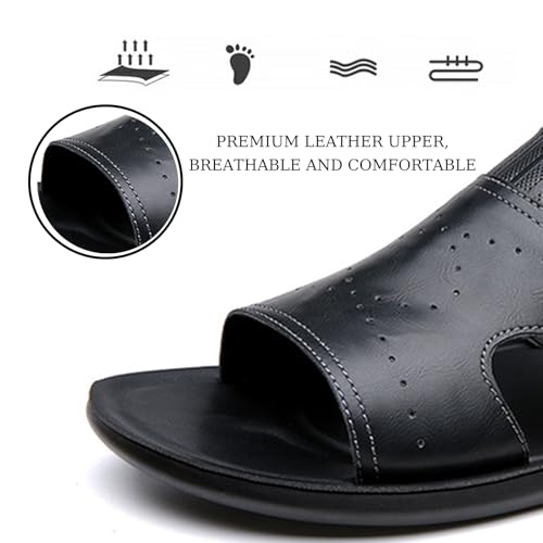 Men'S Leather Flat-Soled Slide Sandals Summer Breathable Open-Toe Comfortable Non-Slip Slip-On Lightweight Casual Slippers Walking Work Beach Sandals3