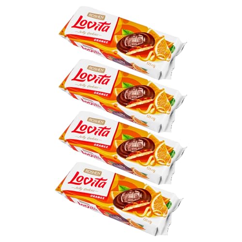 Roshen Lovita Orange Jelly Cookies, 4.76 oz – Chocolate Covered Biscuit Cookies with Fruity Orange Jelly Filling, Soft & Crunchy European Snack Treat [Pack of 4]
