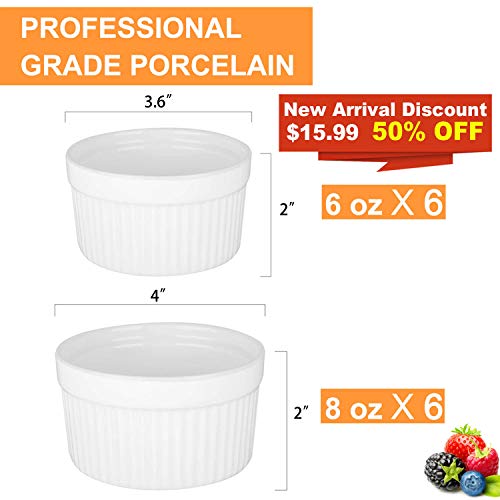 DeeCoo 12 Pack Porcelain Souffle Dish Ramekins Baking Cups – 6 oz x 6, 8 oz x 6 -Oven Safe White Ramekins Bakeware Set for Pudding, Creme Brulee, Custard Cups and Souffle Small instant table tray