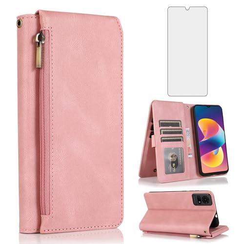 Étui portefeuille TCL 50 LE en cuir rétro or rose avec fermeture éclair zippée