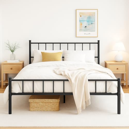 zizin King Size Metal Bed Frame with Headboard & Footboard 14 Inch Metal Platform Mattress Foundation Support with Steel Slat, Under Bed Storage, No Box Spring Needed