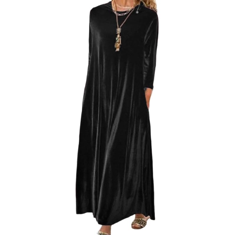 Melliflo Velvet Dress for Women Casual Crewneck Shirt Dresses Elegant Cocktail Long Sleeve Maxi Dress with Pocket