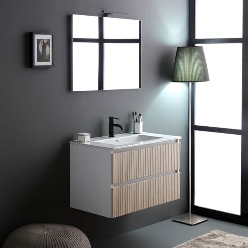 Kiamami Valentina - Meuble de Salle de Bains cannage Blanc et chêne 80cm, lavabo et Miroir 80x60 | Bilbao