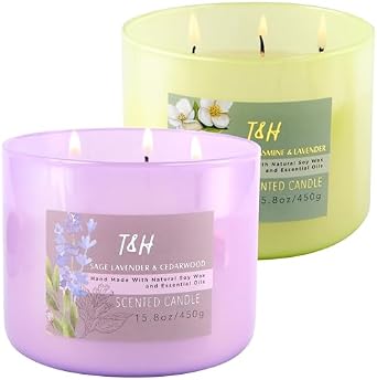 T&H 3 Wick Soy Scented Candles Bundle - Sage Lavender Cedarwood & Eucalyptus Jasmine Lavender Aromatherapy Candles for Home, 15.8 Oz Each, Set of 2