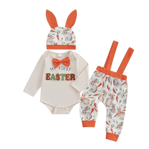 Ayalinggo My First Easter Baby Boy Girl Outfit Newborn Bowtie Long Sleeve Romper Bunny Carrot Overalls Pants Hat 3Pcs Clothes (Orange, 0-3 Months)