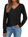 AUTOMET V Neck T Shirts for Women Lace Long Sleeve Cute Tops Fall Winter Dressy Business Casual Blouses Trendy Basic Tees Black M