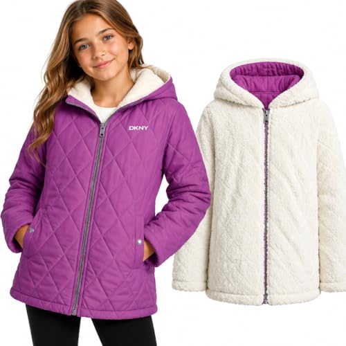 DKNY Reversible Girls Winter Coat - Heavyweight Quilted Jacket with Sherpa Lining Hooded Puffer Jacket Winter Coats for Girls, Size 10-12, BERRY