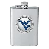 Heritage Pewter West Virginia Flask | 8 Ounce Liquor Flask Container - Stainless Steel | Intricately Crafted Metal Pewter Alma Mater Inlay