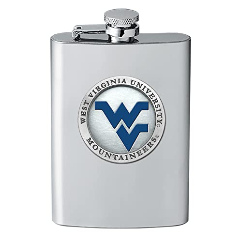 Heritage Pewter West Virginia Flask | 8 Ounce Liquor Flask Container - Stainless Steel | Intricately Crafted Metal Pewter Alma Mater Inlay