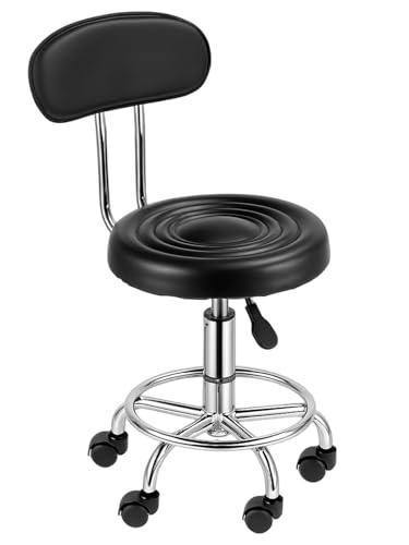 Adjustable Rolling Swivel Stool 360-Degree Rolling Wheel PU Leather with Back Drafting Swivel Task Chair l with Backrest or Salon Office Therapist Beauty Spa Hairdressing Tattoo Support/Thick Cushion